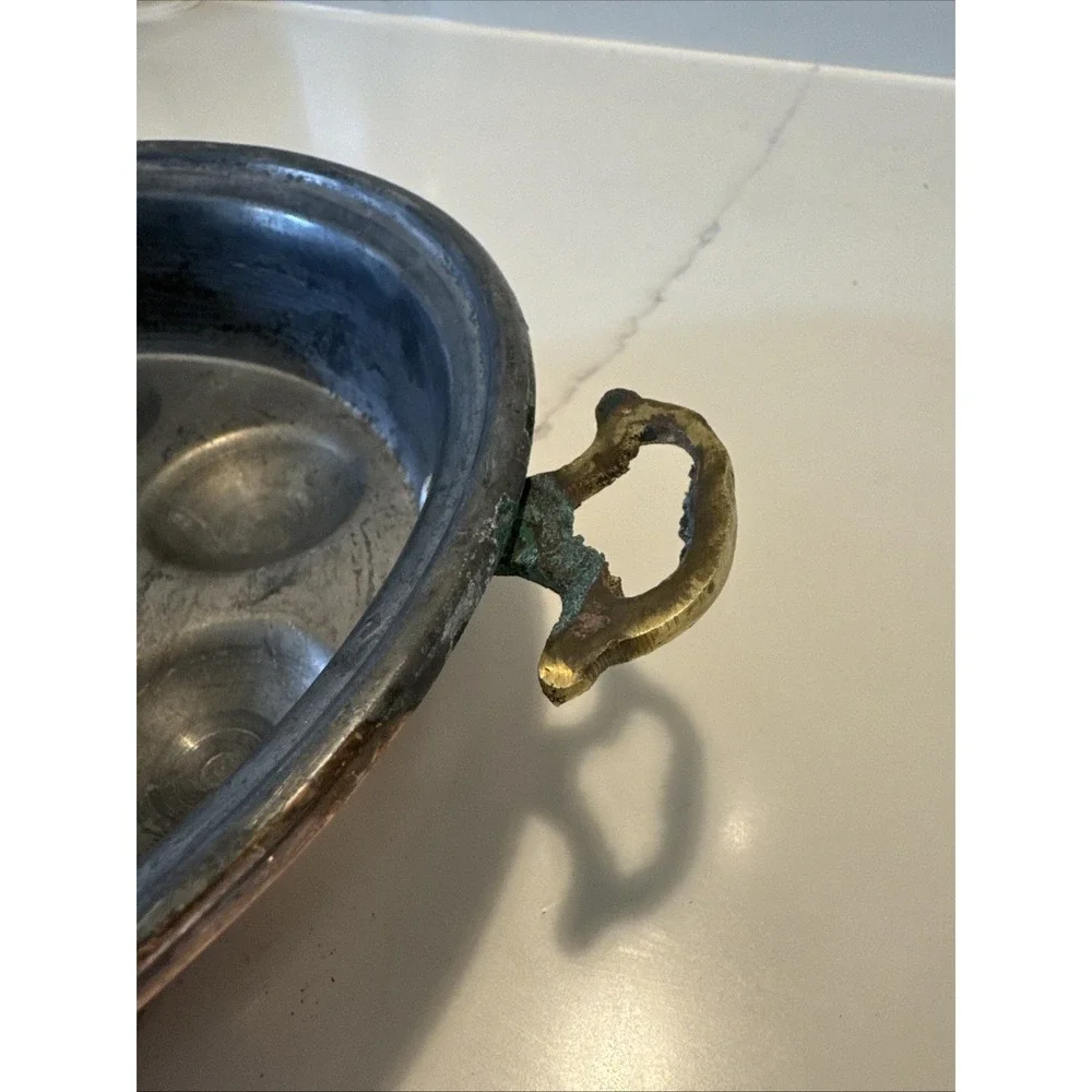 French Style Copper Escargot Pan Tin Lined Round  Brass Handle 8